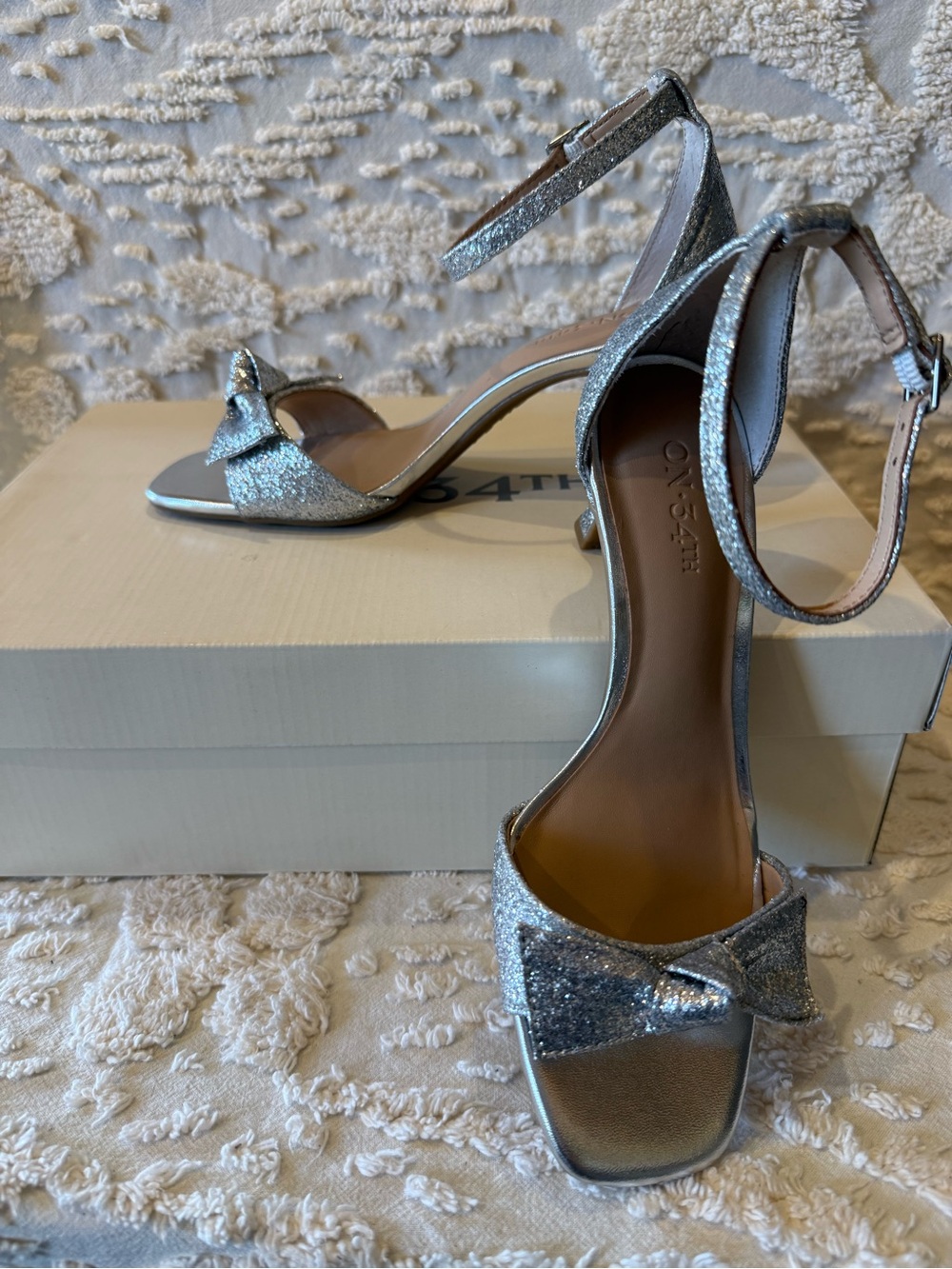 ON 34th Silver Glitter Bow Ankle-Strap Heels #664 - Picture 2 of 7